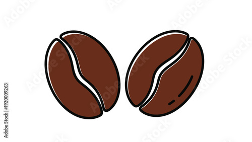 Two roasted brown coffee beans are illustrated side by side to represent caffeine, energy, and a love for morning beverages and cafe cultures.