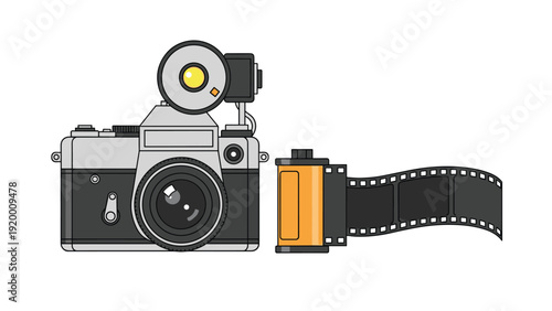 Classic vintage film camera with an external flash attachment stands next to an unrolled 35mm film canister for photography enthusiasts.