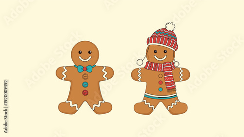 Pair of festive gingerbread cookies features one with a blue bow tie and another wearing a cozy winter hat and red scarf for holiday treats.