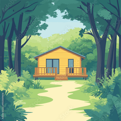 Charming wooden cabin nestled amidst lush trees, offering a peaceful retreat and idyllic countryside living experience. , vector style simple color