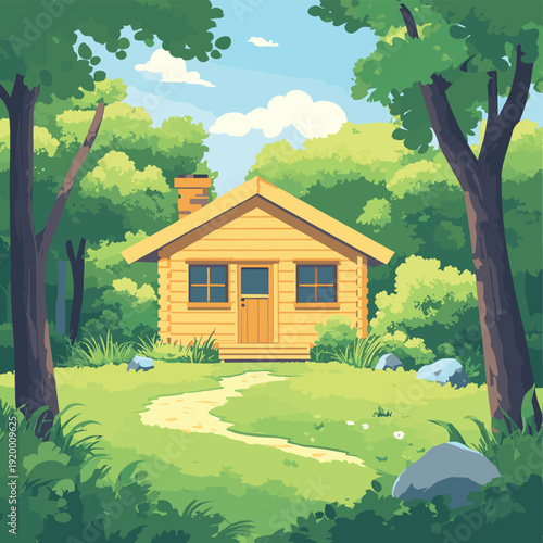 Charming wooden cabin nestled amidst lush trees, offering a peaceful retreat and idyllic countryside living experience. , vector style simple color