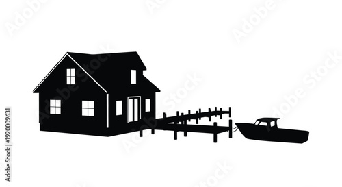 Black silhouette of a house dock and boat by the water silhouette