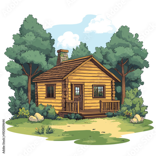 Charming wooden cabin nestled amidst lush trees, offering a peaceful retreat and idyllic countryside living experience. , vector style simple color