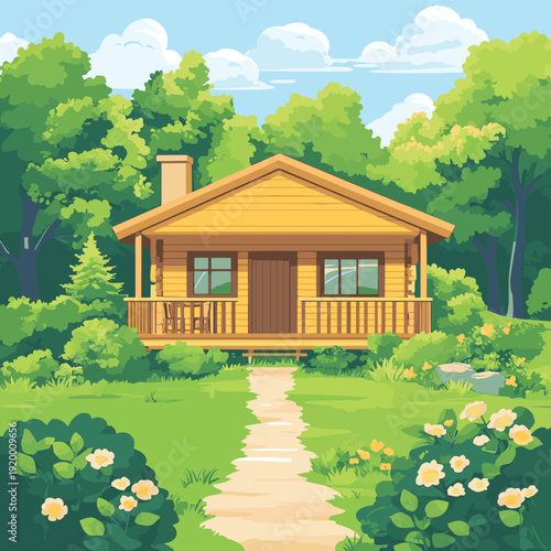 Charming wooden cabin nestled amidst lush trees, offering a peaceful retreat and idyllic countryside living experience. , vector style simple color