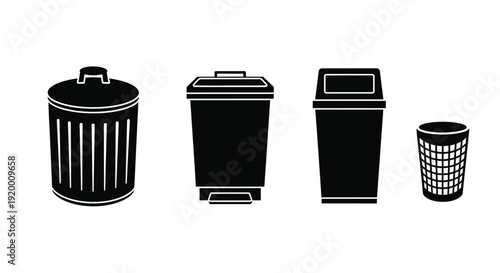 Four black trash cans in a row simple graphic silhouette