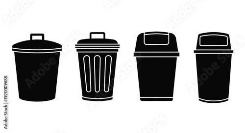 Four black trash cans in a row simple graphic silhouette