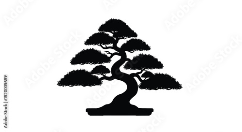 A detailed black silhouette of a bonsai tree with curved branches