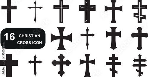 Modern bold silhouette Christian cross icon set.
