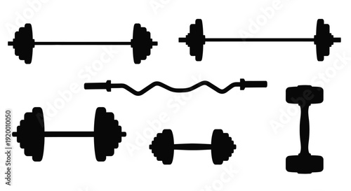 Black silhouettes of various weights and a hammer silhouette