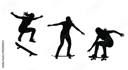 Skateboarders in dynamic poses captured as a striking black silhouette