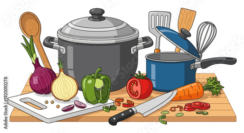 Cartoon Kitchen Scene with Pots, Vegetables, and Utensils on a Wooden Board