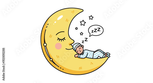 Cartoon Moon with Sleeping Child and Stars Illustration
