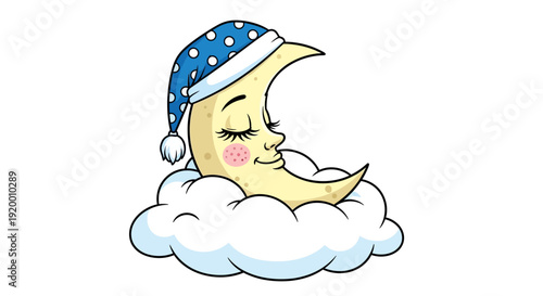 Cartoon Moon Sleeping on Cloud with Nightcap