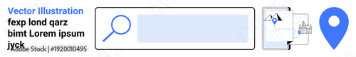 Web navigation, user experience, digital searches, geolocation, document management, online design. Magnifying glass on a search bar, location pin and document icons. User experience and web