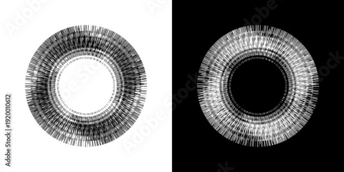 Dynamic abstract spiral sound wave rhythm lines. Circular spiral sound wave rhythm of lines. Circular futuristic abstract lines, black and white background.