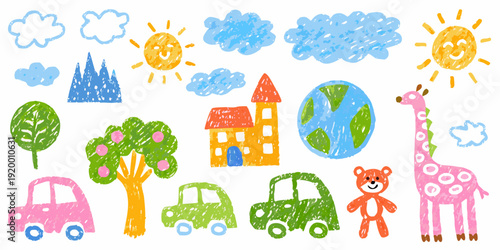 Child s crayon drawing depicts a cheerful landscape with sun clouds and nature