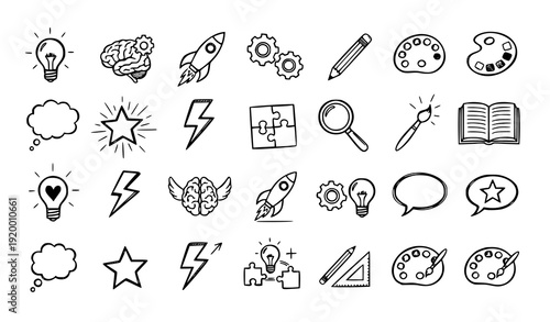 A minimalist vector pack of 32 thin line creativity icons arranged in clean horizontal rows on a solid white background. Includes simple monoline light bulbs, brain icons, gears, rocket symbols, penci