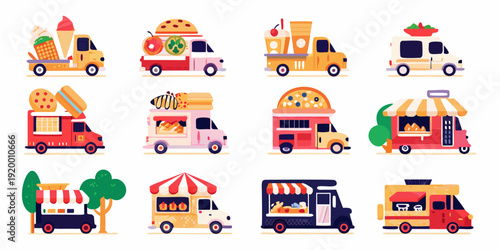 Colorful collection of various food trucks selling different treats and meals