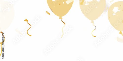 Golden balloons float against a dark abstract background