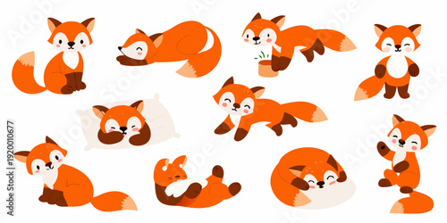 Charming collection of cartoon foxes in various adorable poses and expressions