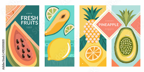 Colorful illustrated panels featuring various tropical fruits like papaya and pineapple