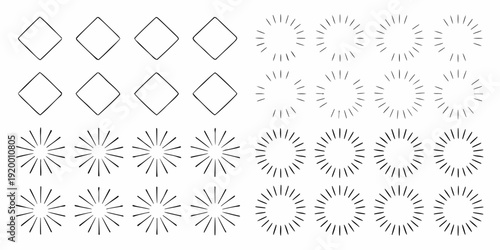 Arrangement of geometric shapes diamonds transitioning to radial burst patterns