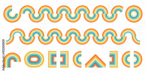 Colorful retro wave patterns and geometric shapes on a white background