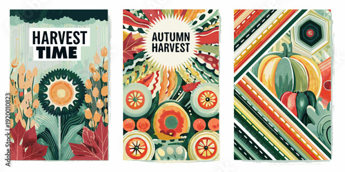 Three decorative autumn banners featuring harvest themes and floral designs