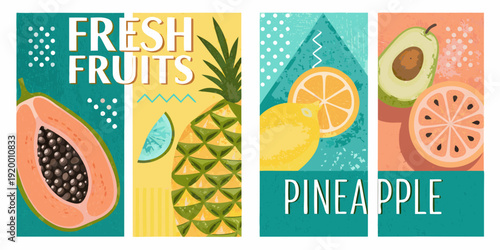 Colorful illustration of various fresh fruits including papaya pineapple and orange