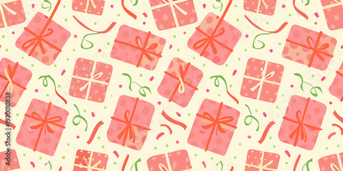Colorful pattern of illustrated gift boxes with ribbons and confetti