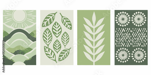 Abstract botanical art prints featuring leaves sun and geometric patterns