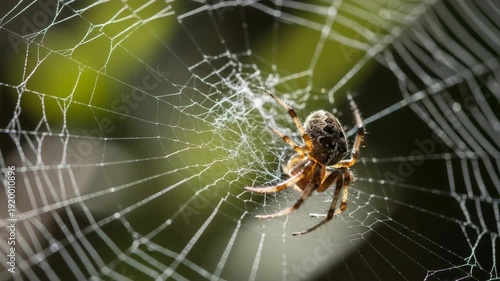 Spider resting in web against blurred natural background  