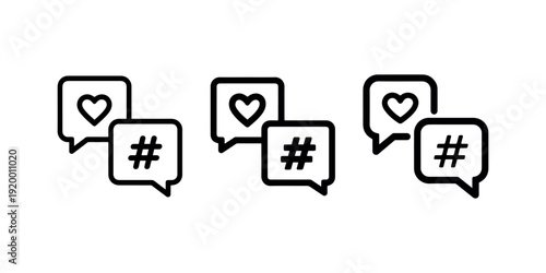 Speech bubble with heart and hashtag icon. social media concept. chat or comment message sign. vector flat illustration.