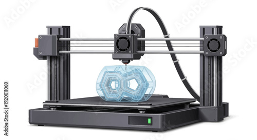 Modern 3D printer fabricating a complex blue transparent geometric object