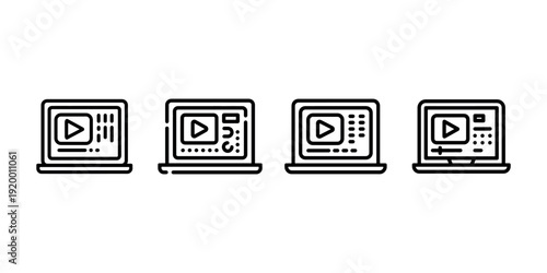 Laptop video player icon outline line vector. stream movie screen on notebook. online media player interface on a computer