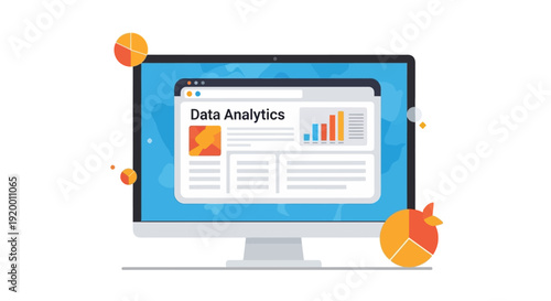 Modern desktop computer screen with a data analytics dashboard and floating pie charts.