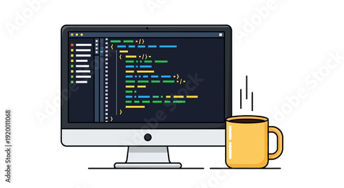 Modern Computer Monitor Displaying Coding with Coffee Mug.