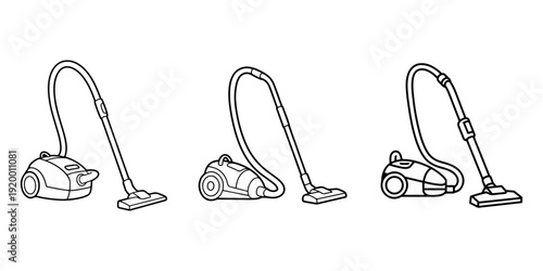 Set of three black outline cartoon vacuum cleaners on white background isolated objects representing cleaning tools for household chores and floor care