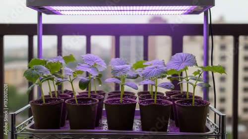 Seedlings growing under purple LED lights on balcony shelf  