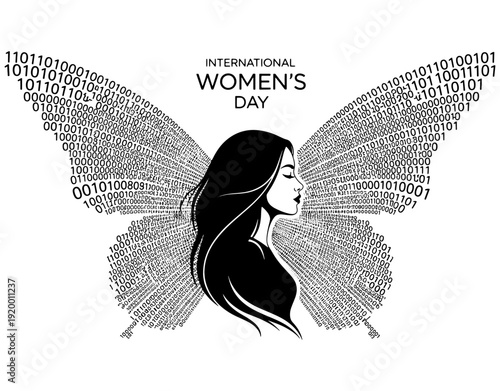 Woman Silhouette with Binary Code Butterfly Wings for International Women's Day, Abstract Technology and Digital Freedom Concept, Female Empowerment in Tech Vector Illustration.