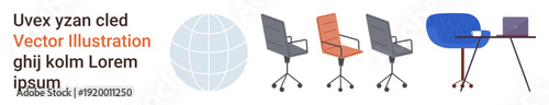 Office design, workspace setup, furniture catalog, modern business, interior planning, corporate space. Series of office chairs, desk and a laptop alongside an abstract globe. Office design