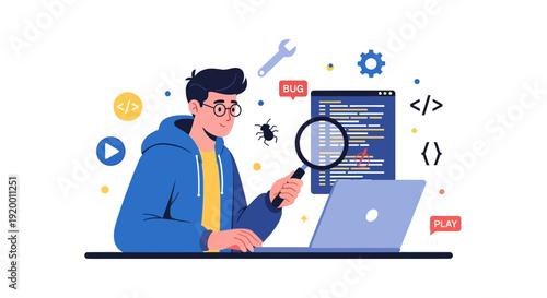 Programmer Debugging Code with Magnifying Glass and Bug Icon