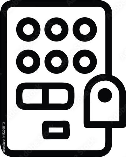 Black and white illustration of an electronic keypad with a padlock symbol on the side.