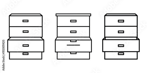 Stack of chest of drawers icons representing furniture storage, cabinet with drawers in different states of openness, interior design element for bedroom or closet, line art illustration