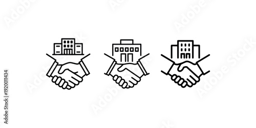 Three line art icons showing two hands shaking in front of various building silhouettes, symbolizing business deals, real estate, and partnerships