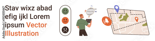 Feedback systems, online reviews, location mapping, data analysis, customer satisfaction, user experience. happy ratings and a person holding a tablet with map and icons. Feedback systems and online