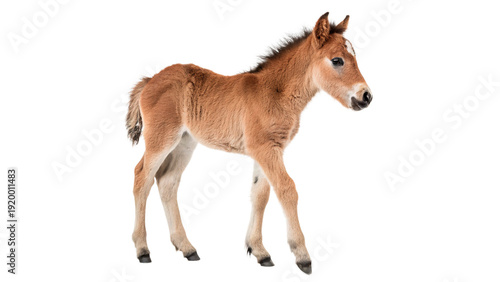 Newborn foal walks isolated on transparent background cut out