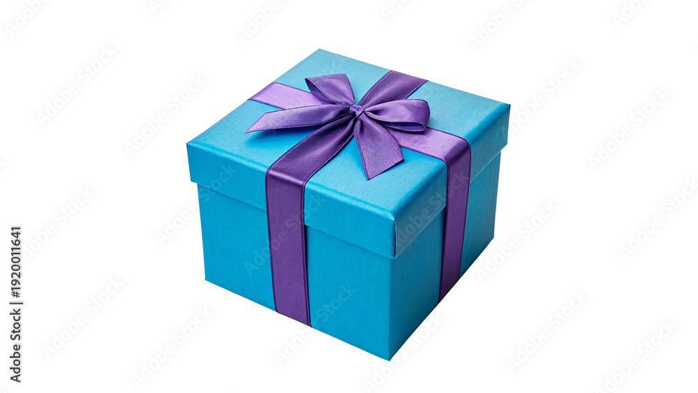 Obraz premium Bright blue gift box with purple ribbon isolated on transparent background cut out