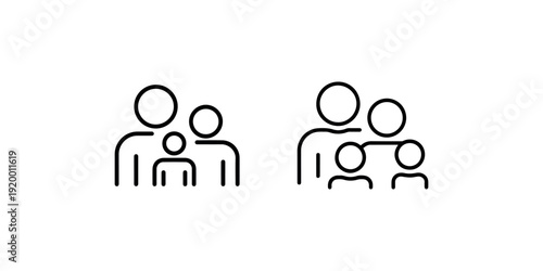 Family icon set showing parents with children in minimalist line art style representing unity and togetherness for web design or mobile application interface