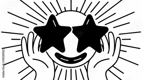 Smiling face with star-shaped sunglasses and radiant beams, hands framing the face